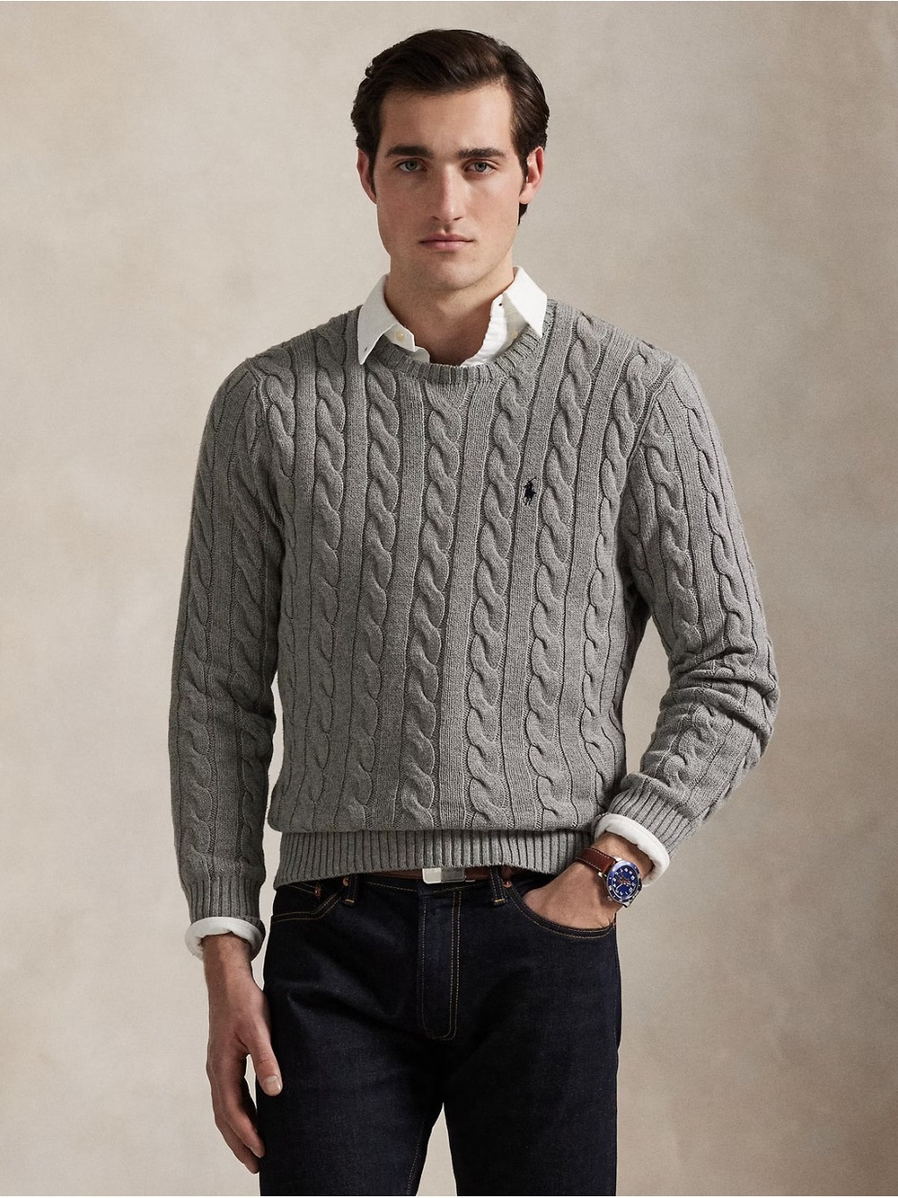 Ralph Lauren Gray Cable-Knit Crewneck Sweater Preppy Old Money Capsule